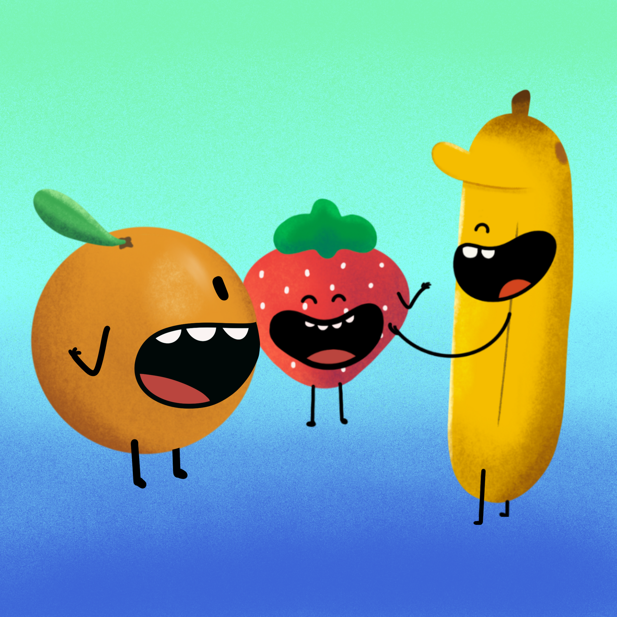 3 fruit mascots are having a fun chat and laughing 